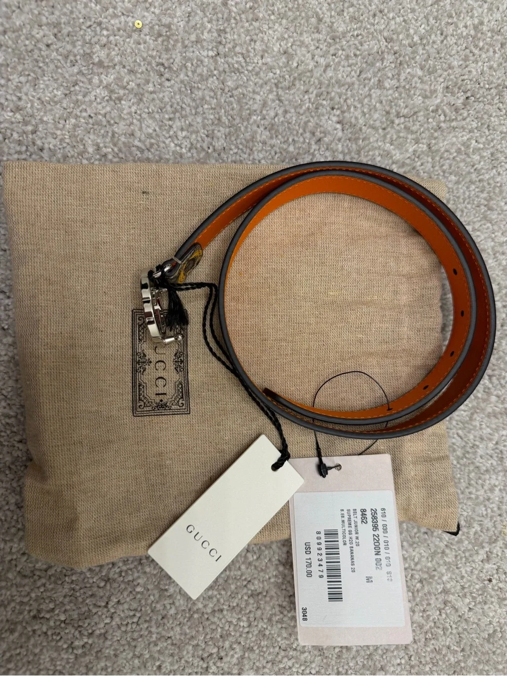 Gucci Orange Leather Reversible GG Heart Web Belt